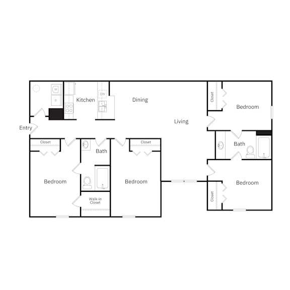 A floor plan of a house with a kitchen, dining room, living room, and bathrooms.