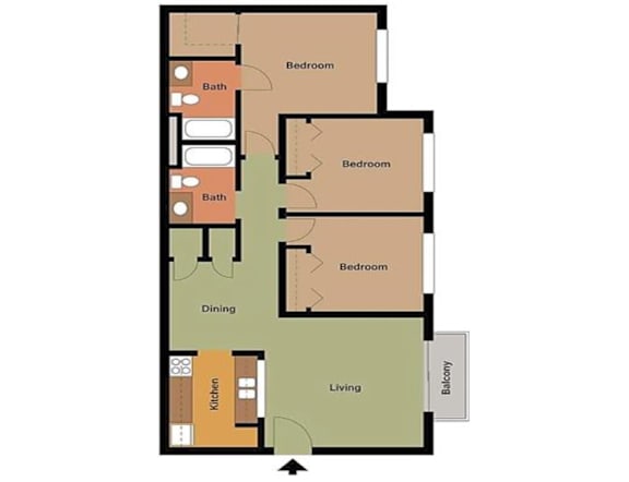 A floor plan of a house with three bedrooms, a living room, a dining room, a kitchen, and a bathroom.