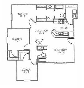Three bedroom two bathroom 1262 square foot floor plan