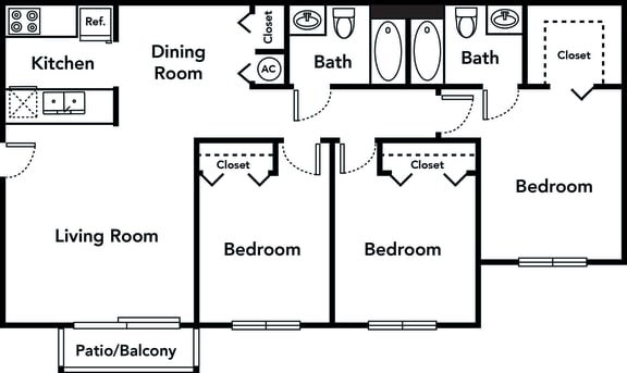 3 Bedroom 2 Bathroom Floor Plan 989 square foot