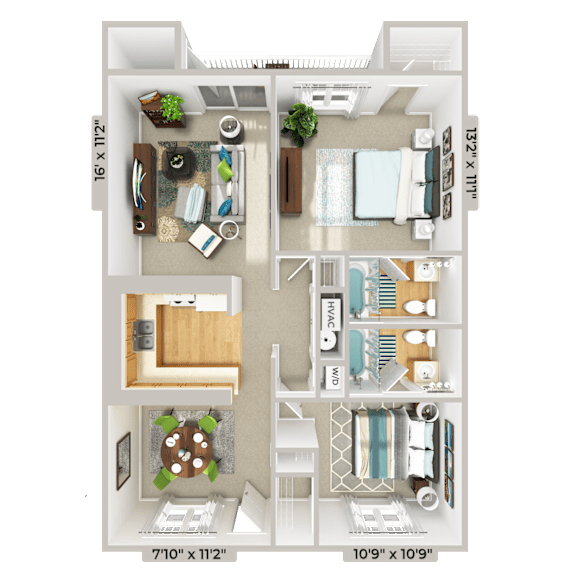 2 bedroom 2 bathroom floorplan at Patriot Point Apartment Homes, North Carolina, 28390