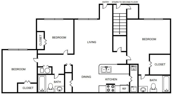 Three bedroom two bathroom floorplan