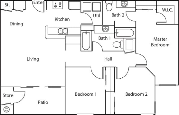 Three bedroom two bathroom floorplan