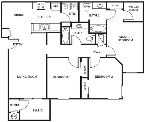 Three bedroom two bathroom floorplan