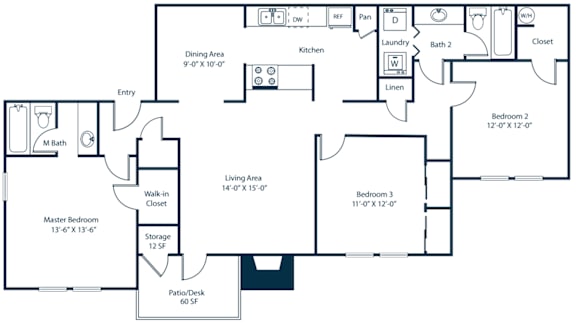 Three bedroom two bathroom floorplan