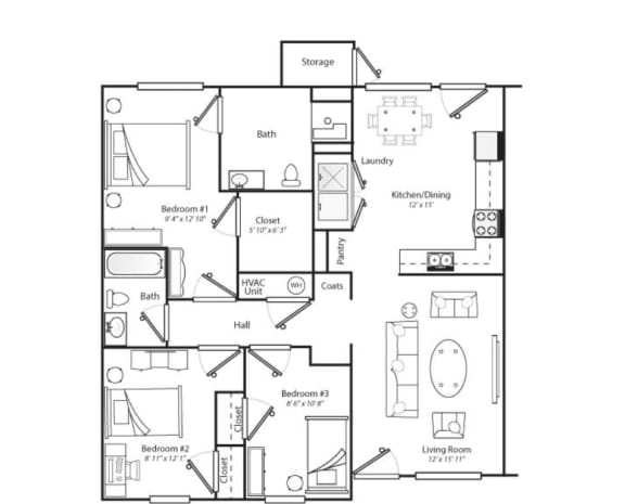 3 bedroom Floorplan black and white