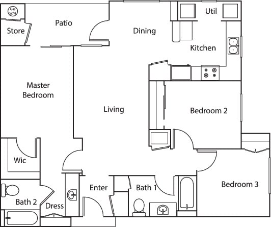 Three bedroom two bathroom floorplan