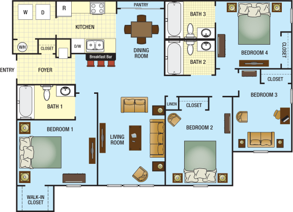Four Bedroom Three Bathroom Floor Plan