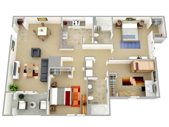 Three bedroom two bath 1128 sqft Floor Plan at The Landings at Markhams Grant Apartments, Woodbridge