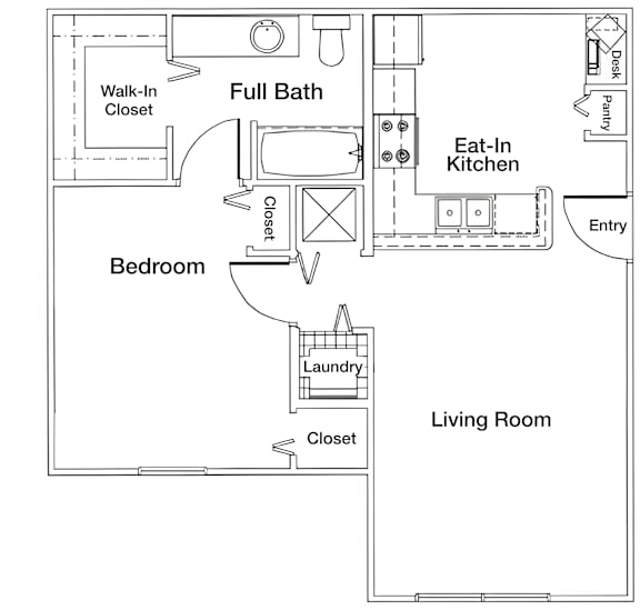A floor plan of a living room with a bedroom and kitchen.