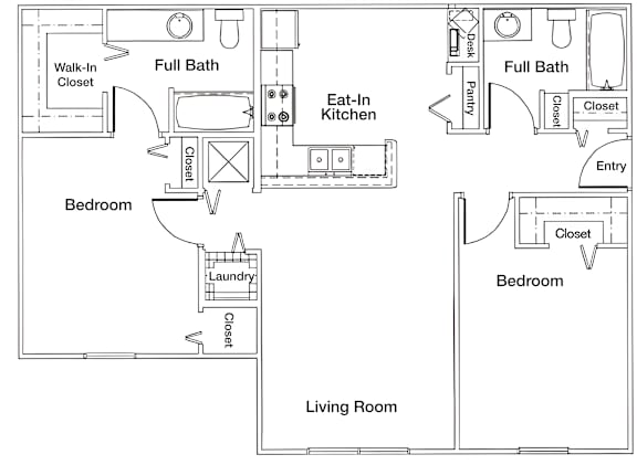 A floor plan of a living space with two bedrooms, a laundry area, and an eat-in kitchen.