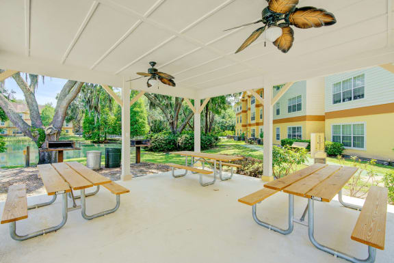 Covered pavilion and grill area with picnic tables and outdoor fans overlooking the lake