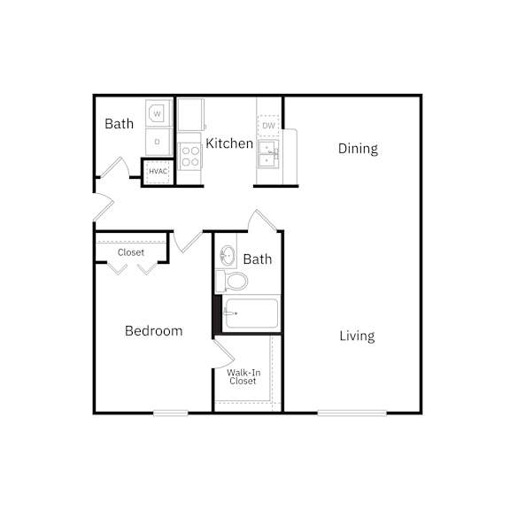 A floor plan of a small apartment with a bedroom, bathroom, kitchen, and dining area.