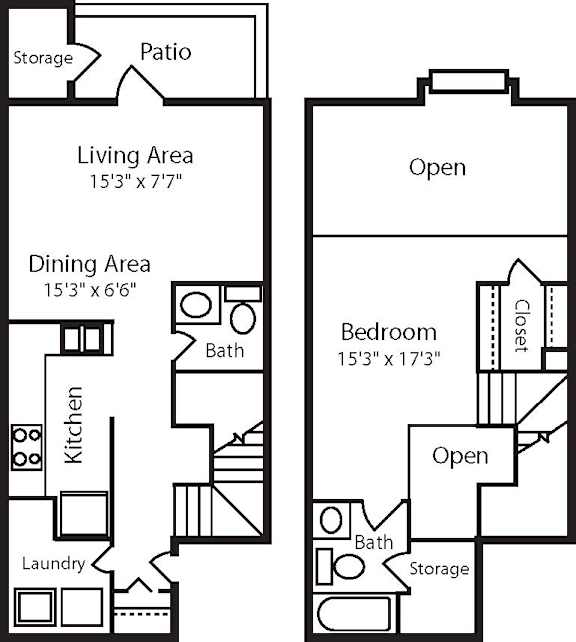 A floor plan of a house with a living area, dining area, kitchen, bath, bedroom, and storage.