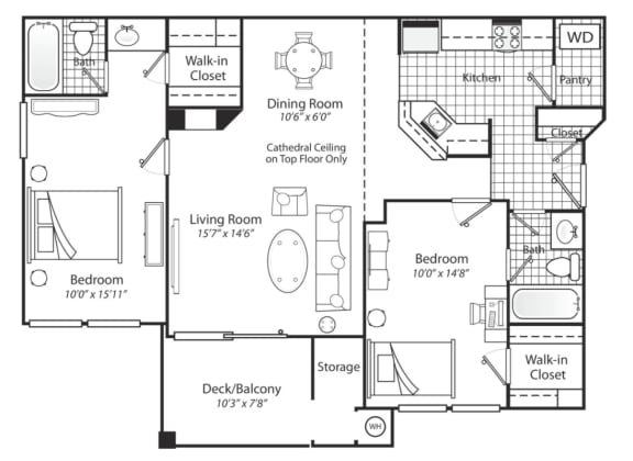 2 bedroom Floorplan black and white