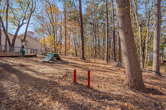 A playground with a red pole in the middle of a wooded area.