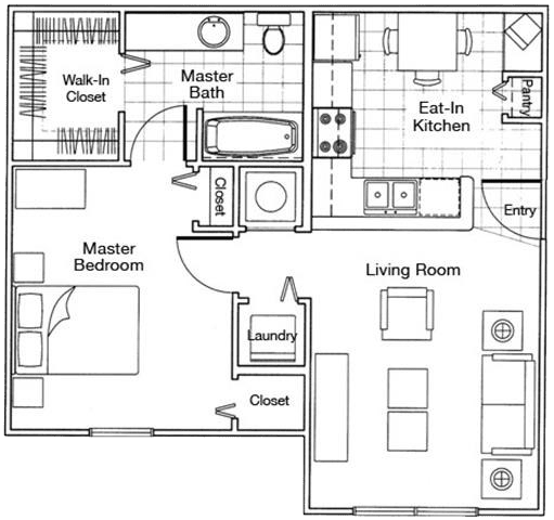 A floor plan of a house showing a master bedroom, a living room, and a kitchen.