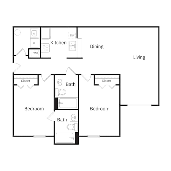 A floor plan of a living space with two bedrooms, a kitchen, a bathroom, and a dining area.