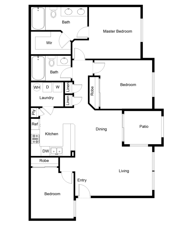 Two bedroom two bathroom floor plan at Lake Pleasant Village Apartments, Peoria, Arizona