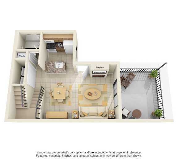 A drawing of a house with a kitchen, dining room, and living room.