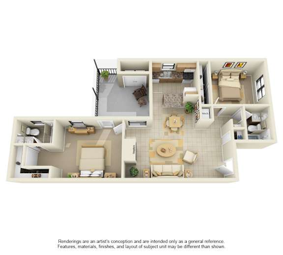 A 3D floor plan of a house with a kitchen, living room, dining room, and bedrooms.