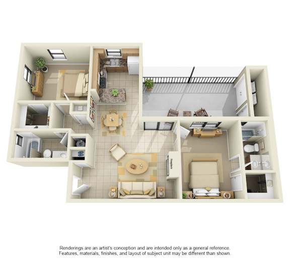 A 3D floor plan of a house with a kitchen, living room, dining room, and bathroom.