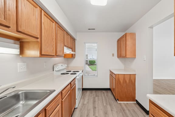 A kitchen with wooden cabinets and a stove top oven.