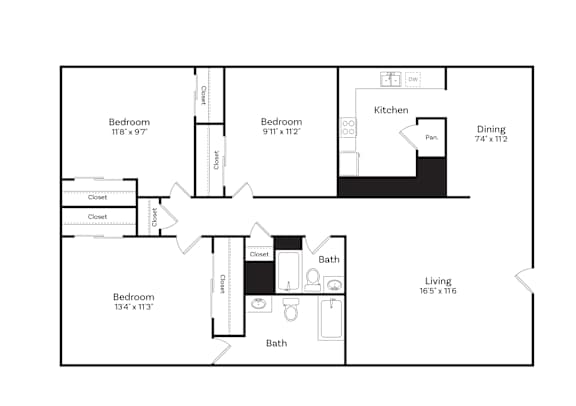 A black and white image of a floor plan for a home with three bedrooms, a kitchen, a dining area, a living room, and two bathrooms.