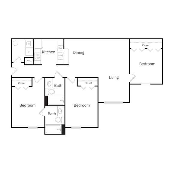 A floor plan of a house with a kitchen, dining area, and living room.
