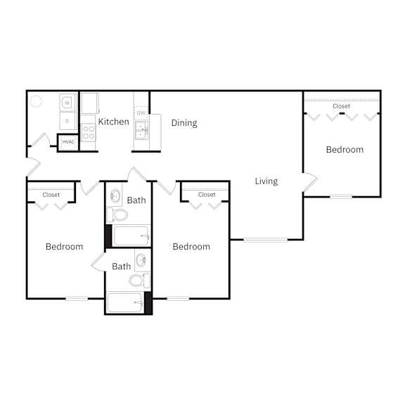 A floor plan of a house with a kitchen, dining room, living room, and four bedrooms.