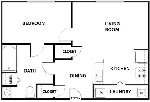 A floor plan of a home with a bedroom, living room, kitchen, bathroom, and laundry.
