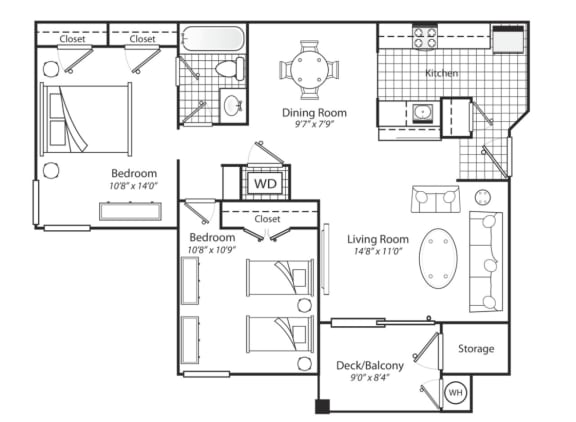 2 bedroom Floorplan black and white
