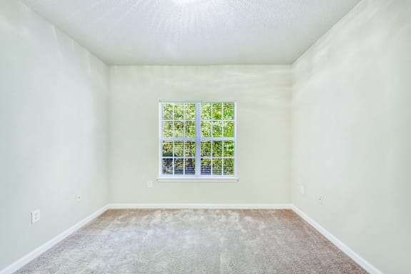 A room with a window and carpeted floor.