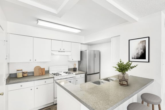 Kitchen with white cabinets facing breakfast bar with decor on countertops