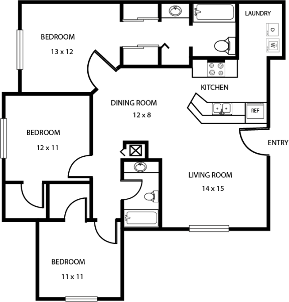 Three bedroom two bathroom floorplan