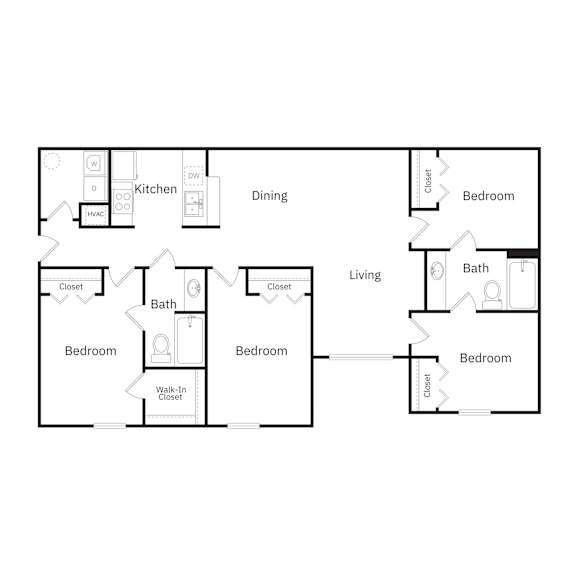 A floor plan of a house with a kitchen, dining room, living room, and four bedrooms.