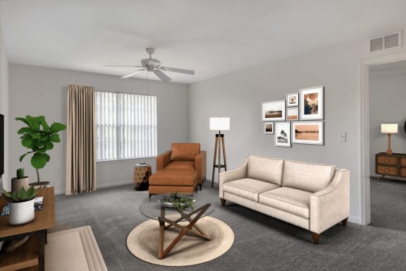 Virtually staged living room with floor rug, coffee table, multi speed ceiling fan, couch, floor lamp, chair, curtains, and large window for natural lighting