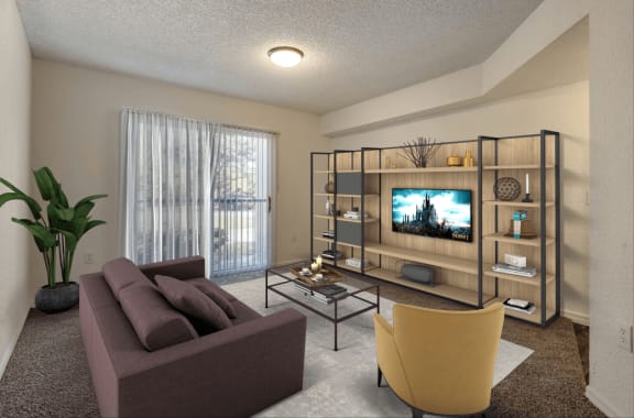 Virtually staged living room with carpet flooring, couch, coffee table, floor rug, chair, shelving, and private patio access