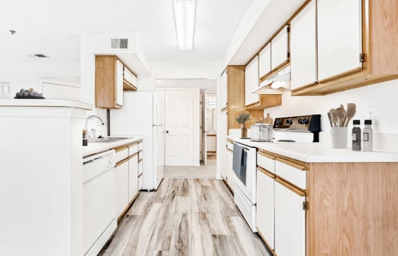 Virtually staged; Kitchen with wood floors, white appliances, and wood cabinets. Guest bathroom in background. Kitchen accessories displayed