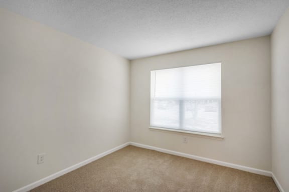 The vacant bedroom features tan carpet with beige walls and a white textured ceiling. A large window is centered along the back wall of the bedroom. White trim lines the walls along the bottom of the walls.