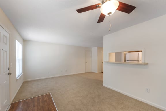 A vacant three-bedroom living room and dining room featuring white walls and ceilings. The vinyl floor at the entry gives way to a carpeted living room and dining area with ample natural light coming from the living room window. The kitchen features a breakfast bar area that opens up to the dining room.