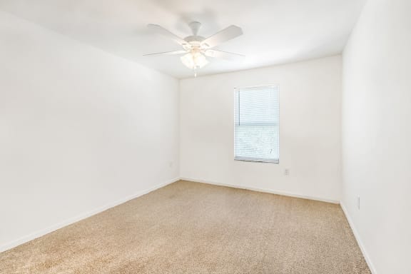 Vacant bedroom with carpet, a window, and a ceiling fan.