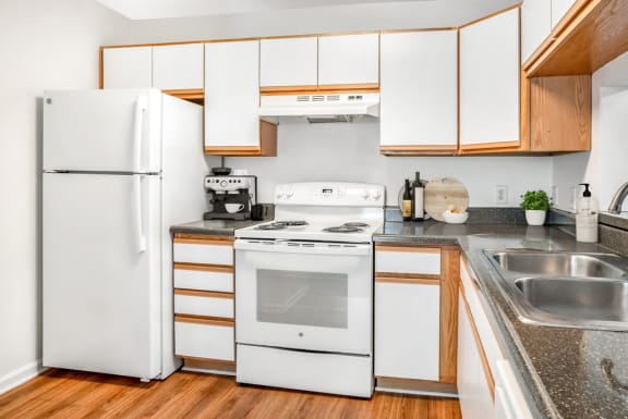 The vacant kitchen has white cabinets that feature natural wood-colored accents. Granite-style countertops throughout the space and a bar-top located just behind the stainless steel sink.