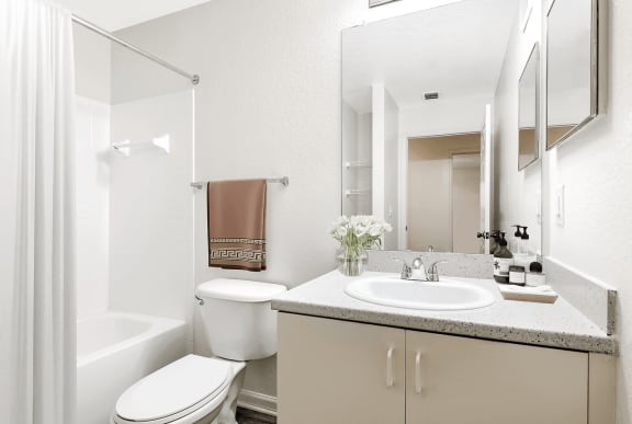 Bathroom with hardwood style flooring, large mirror, and vanity lighting