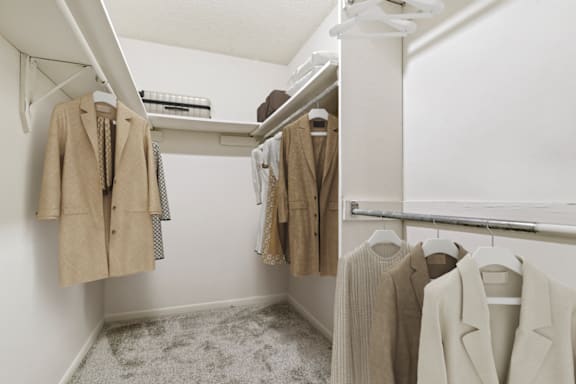 a walk in closet with white walls and a white mirrored medicine cabinet at Eastchester Ridge Apartments, High Point, 27262