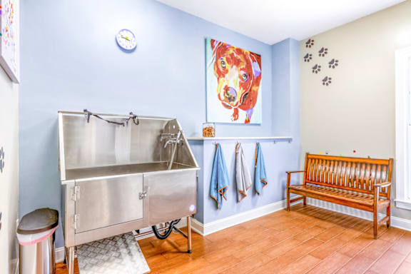 a stainless steel sink and bench in a laundry room with a painting of a dog on the
