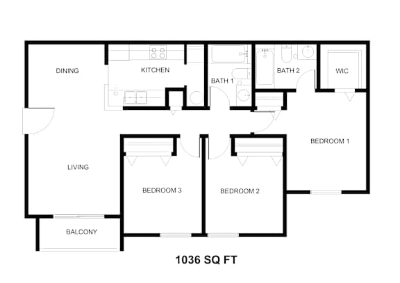 Floor Plan  A floor plan of a house with a living area, dining area, kitchen, three bedrooms, a bathroom, and a balcony.