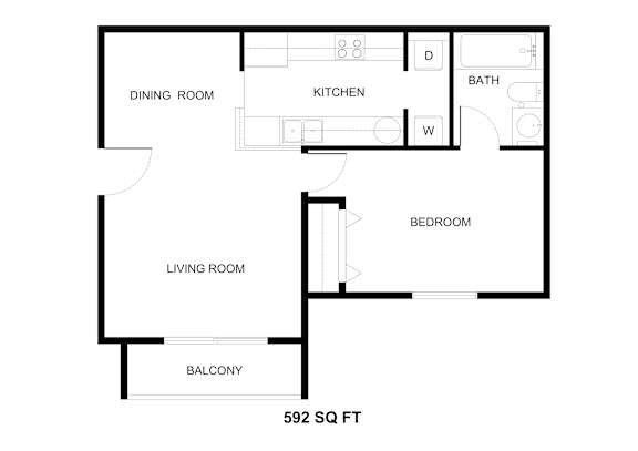 Floor Plan  A floor plan of a 592 square feet home with a living room, dining room, kitchen, bedroom, and bathroom.