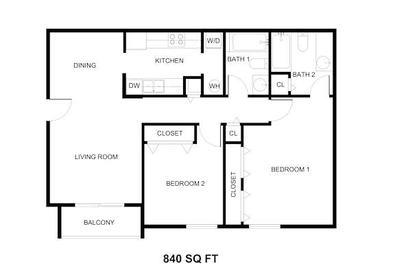 Floor Plan  A black and white image of a floor plan for an 840 square foot home.