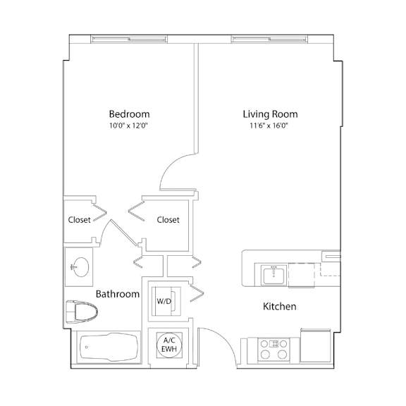 A floor plan of a small apartment with a bedroom, living room, kitchen, bathroom and two closets.